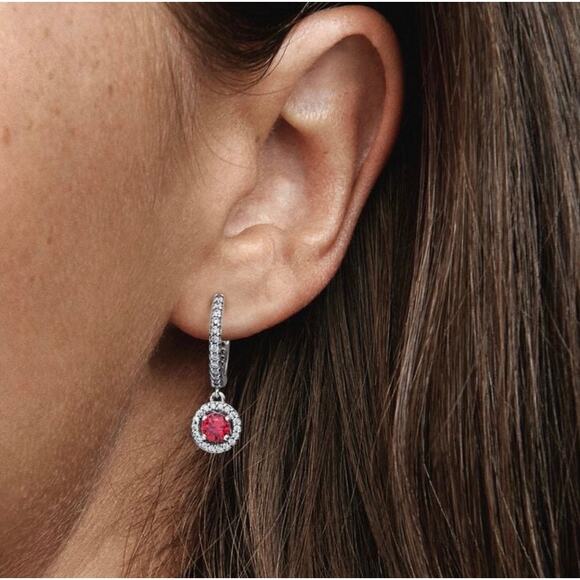 Pandora Red Round Sparkling Sterling Silver Hoop Earrings - Picture 2 of 3